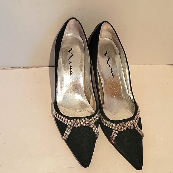 Women’s Nina Black Jeweled Brocade Heels SZ81/2M - Picture 1 of 8